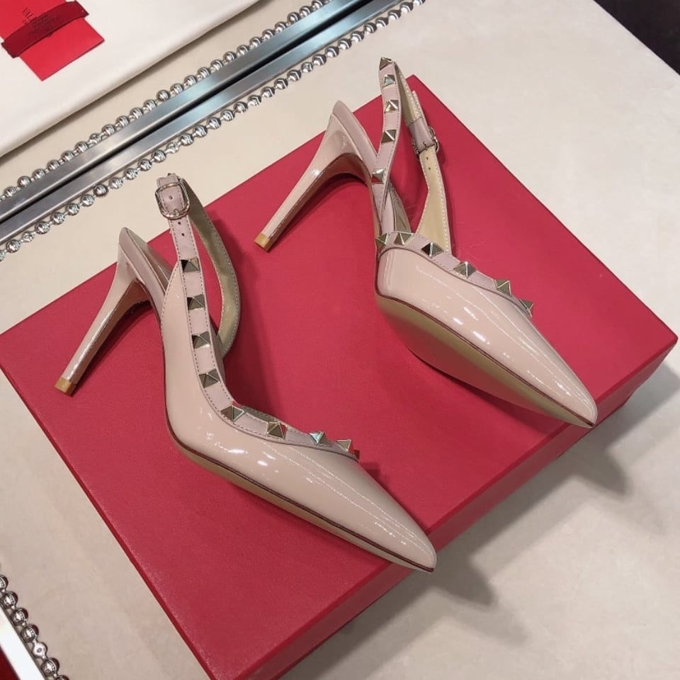 Valentino Garavani Rockstud Patent Leather Strap Pump Beige view 9