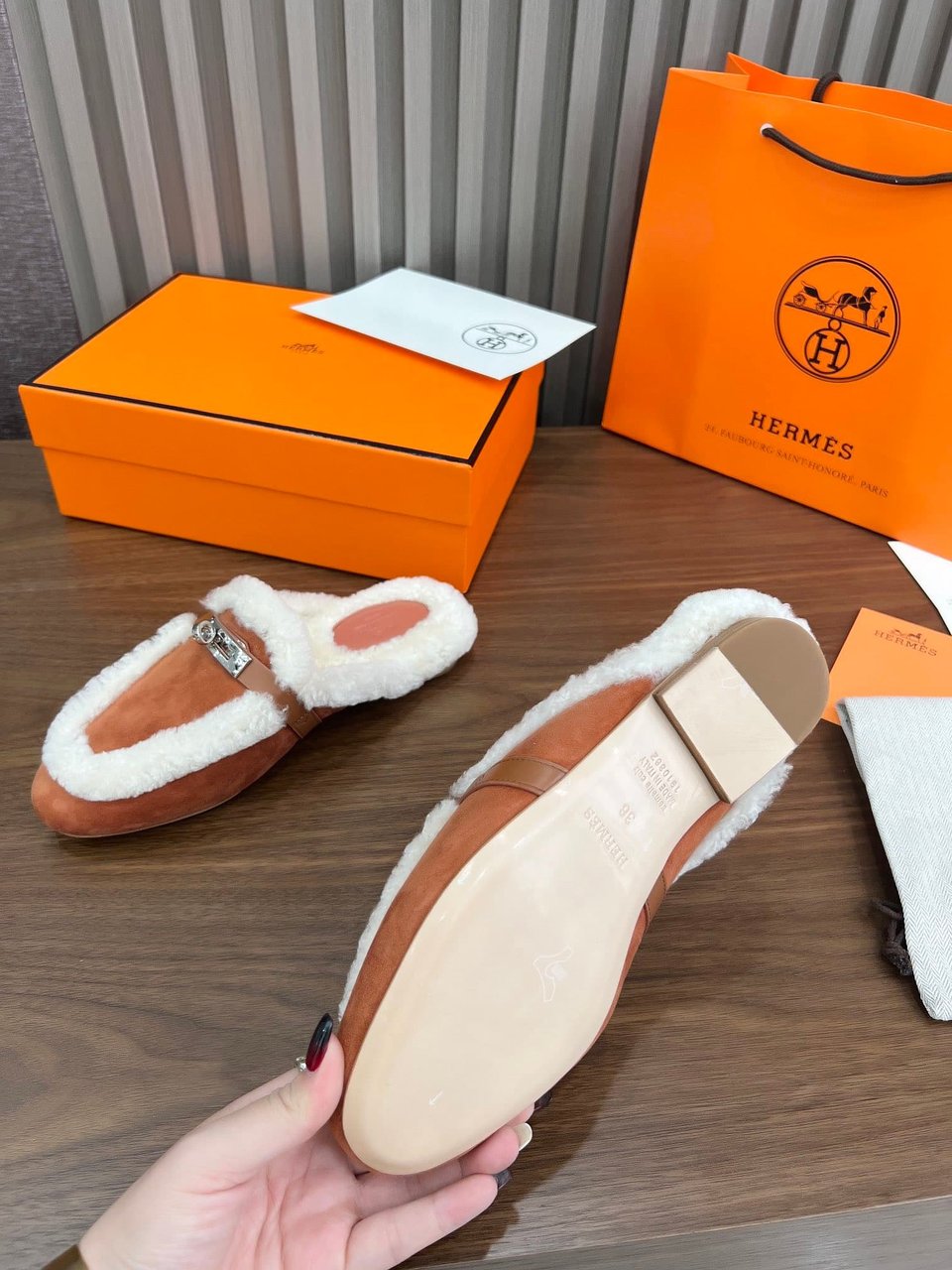 Hermes Oz Mule Shearling Brown White view 6