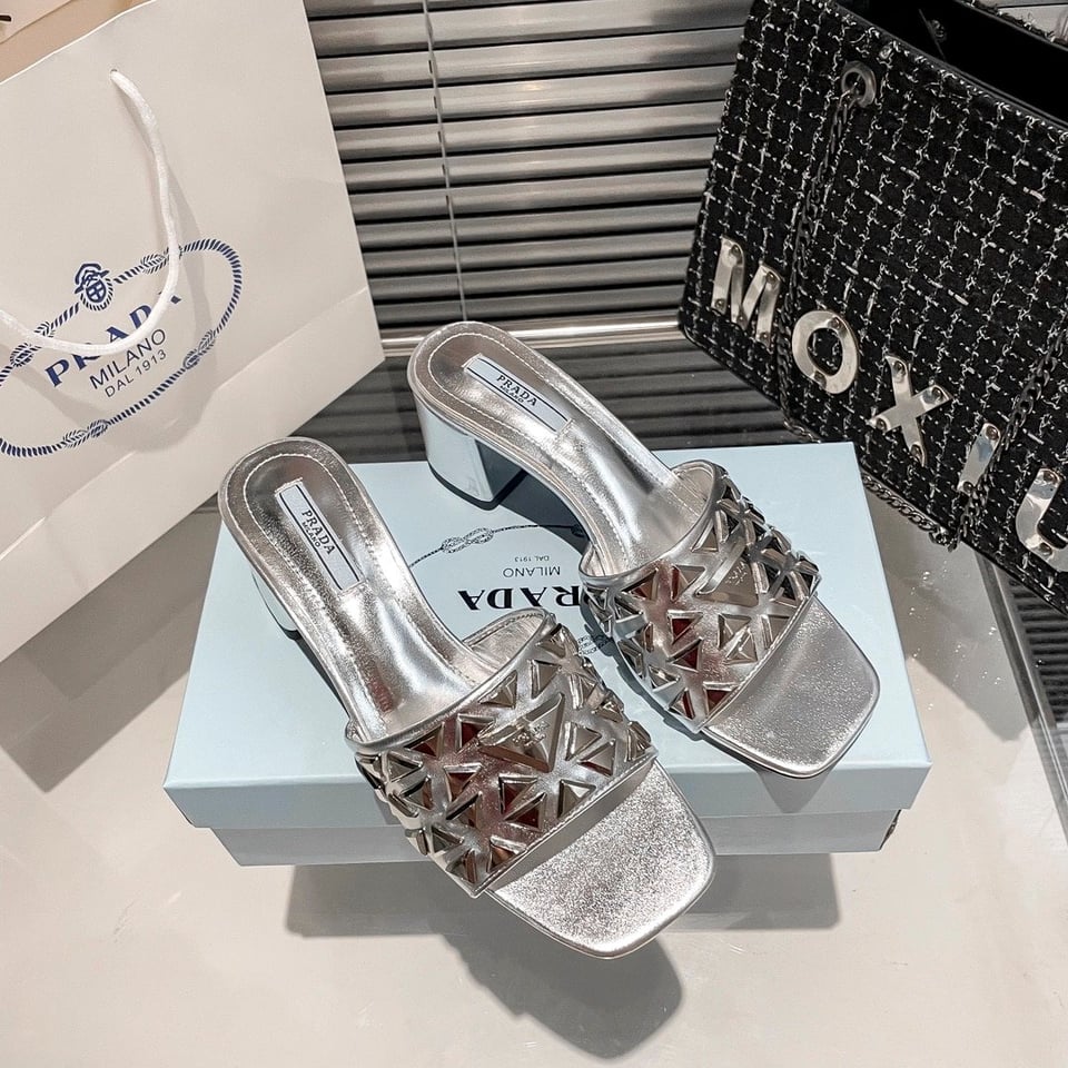 Prada Ciabatte Spazzolato Borchie Sandals Silver view 5