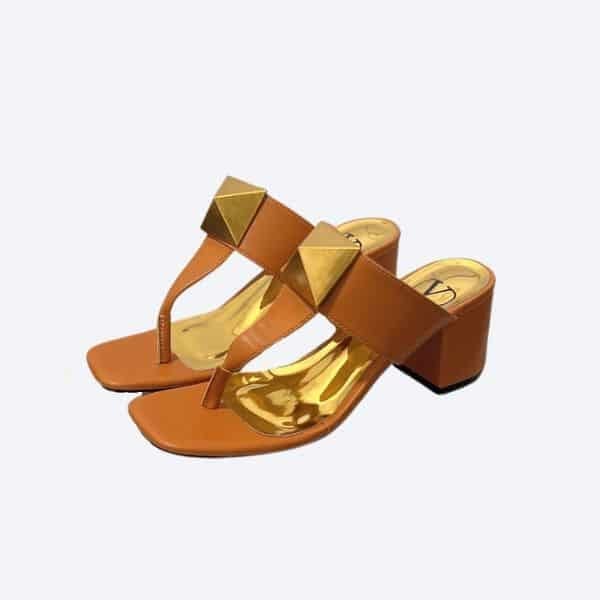 Valentino One Stud Metallic Nappa Flat Middle Heel Beige Thong Sandal view 2