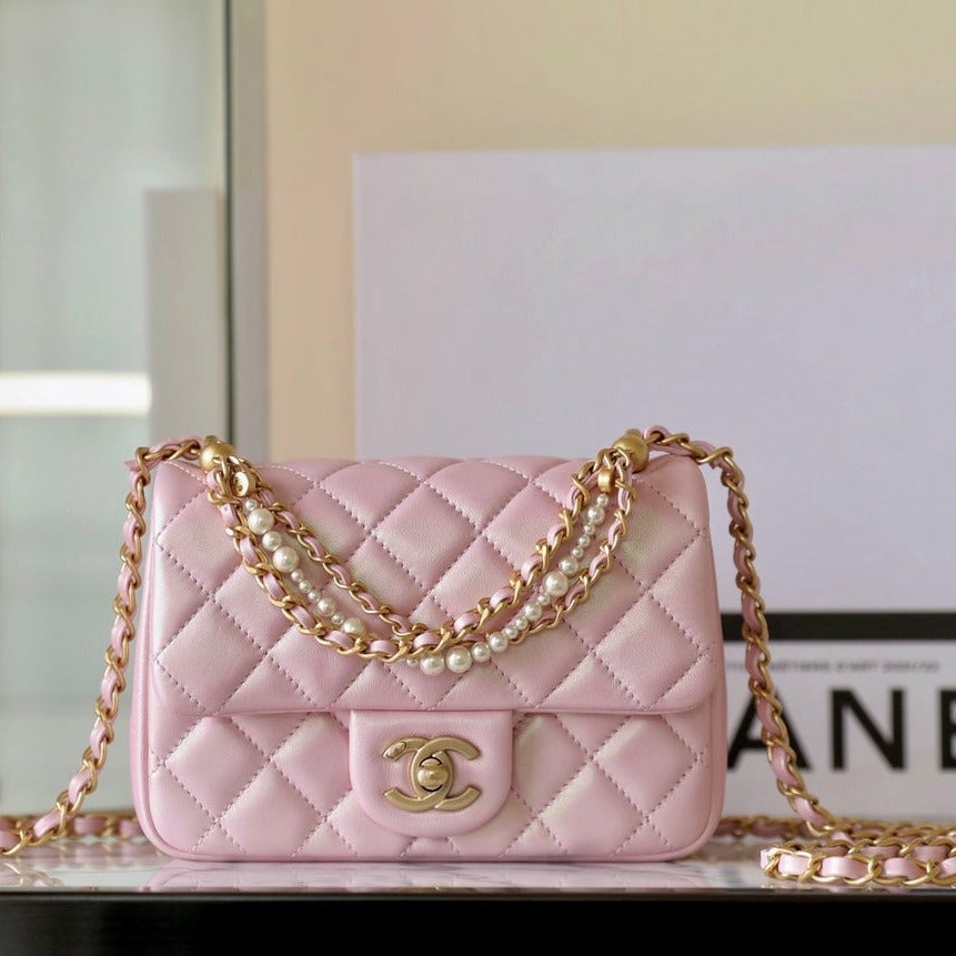 Chanel 24P Mini Flap Bag 17Cm Pearlescent Pink Lambskin Pearl Chain
