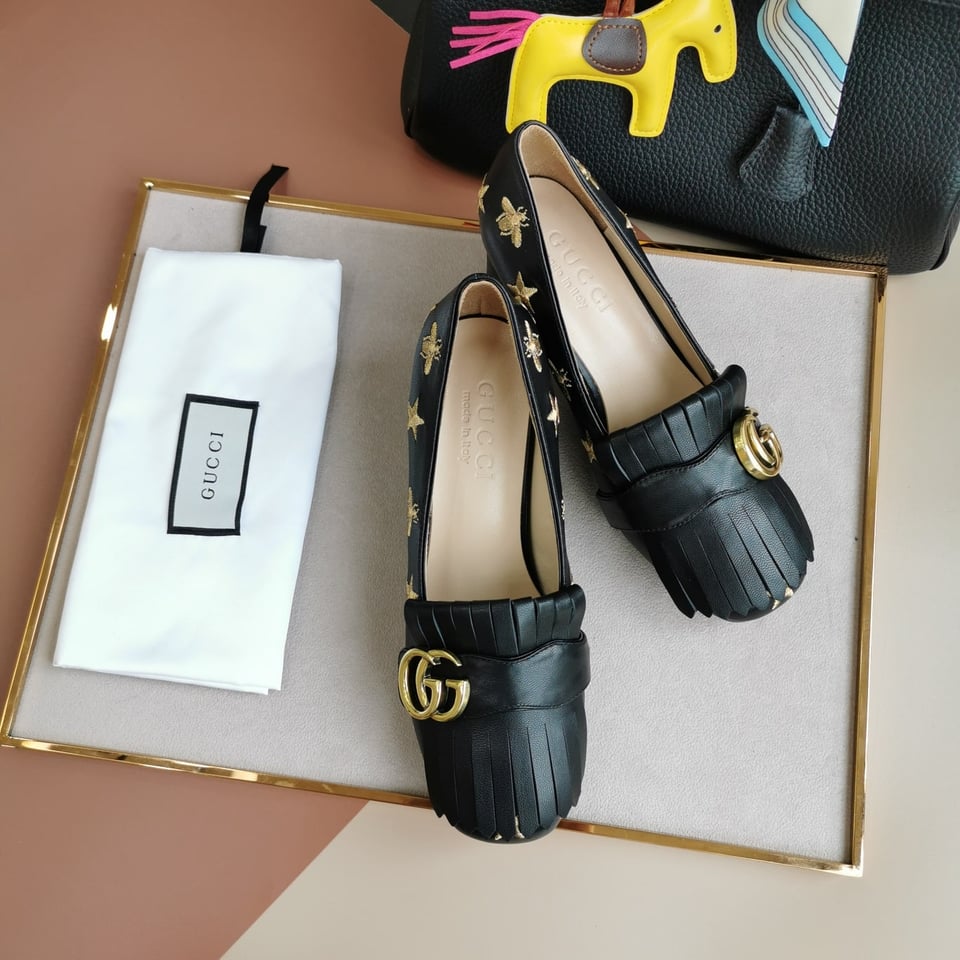 Gucci Embroidered Bee Star Leather Mid-Heel Pump Black view 9
