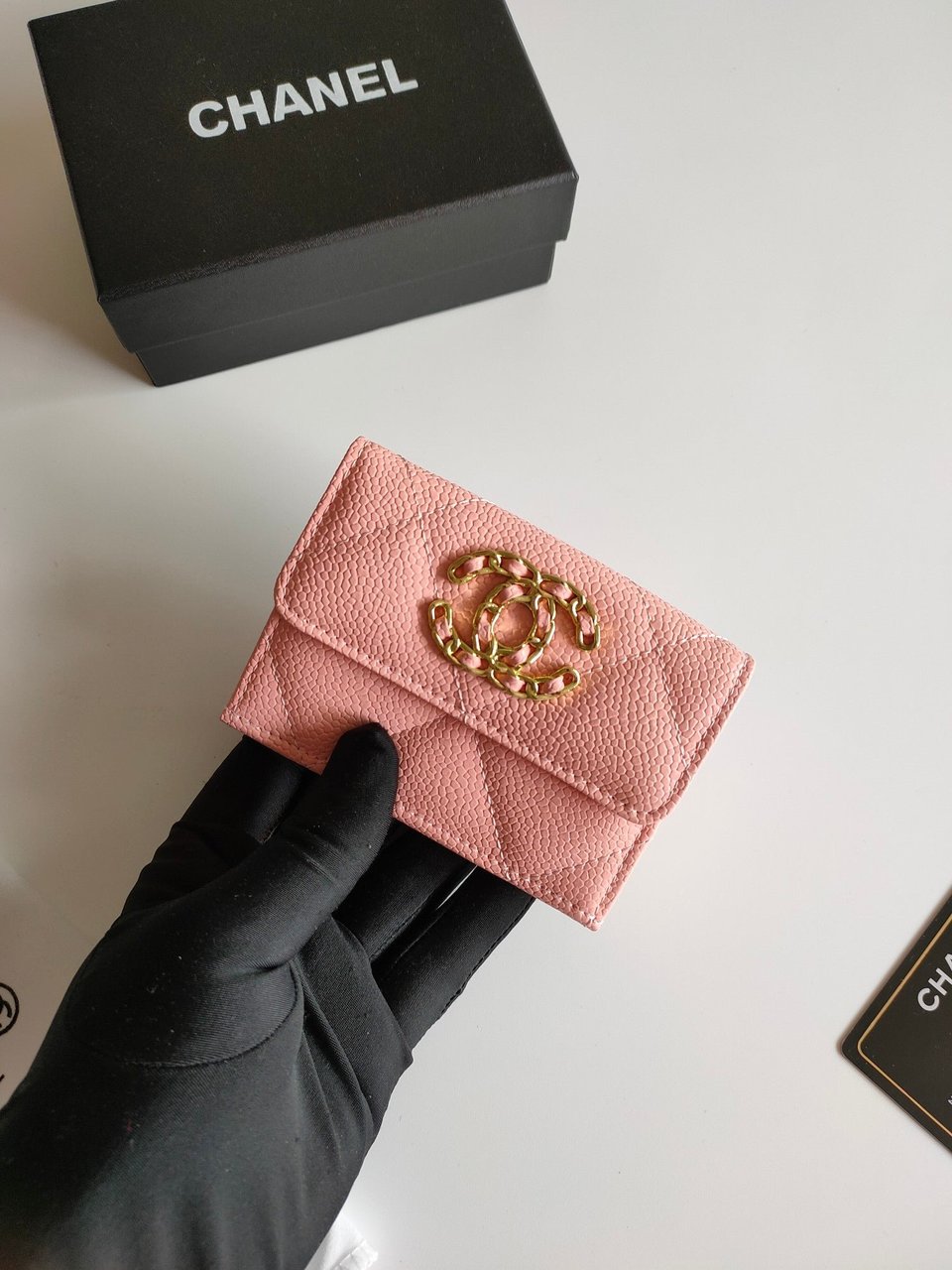 Chanel Trifold Purse 12 Peach Grained Calfskin Gold Icon view 3