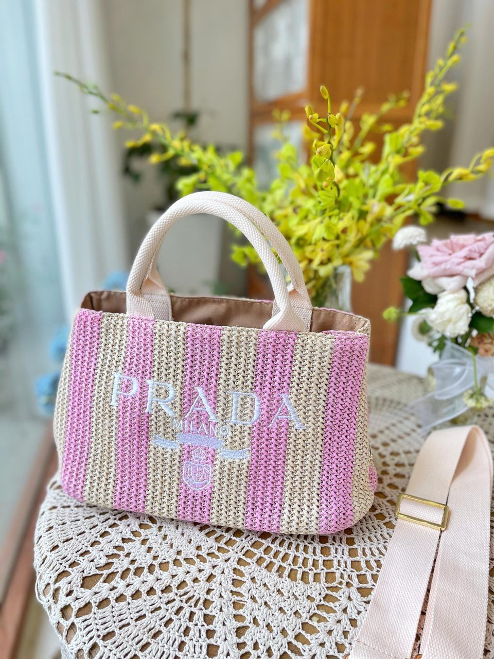 Prada Raffia Tote Bag Tan And Pink view 5
