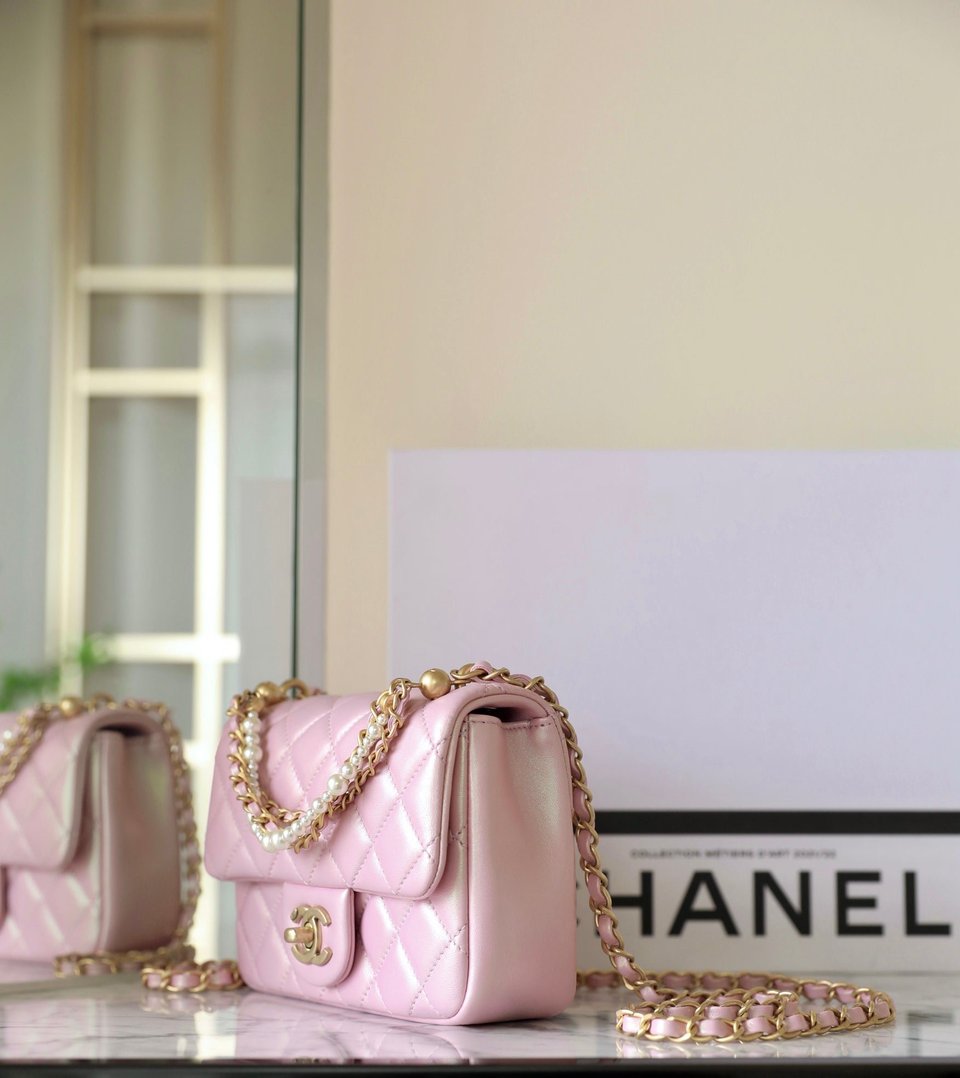 Chanel 24P Mini Flap Bag 17Cm Pearlescent Pink Lambskin Pearl Chain view 6
