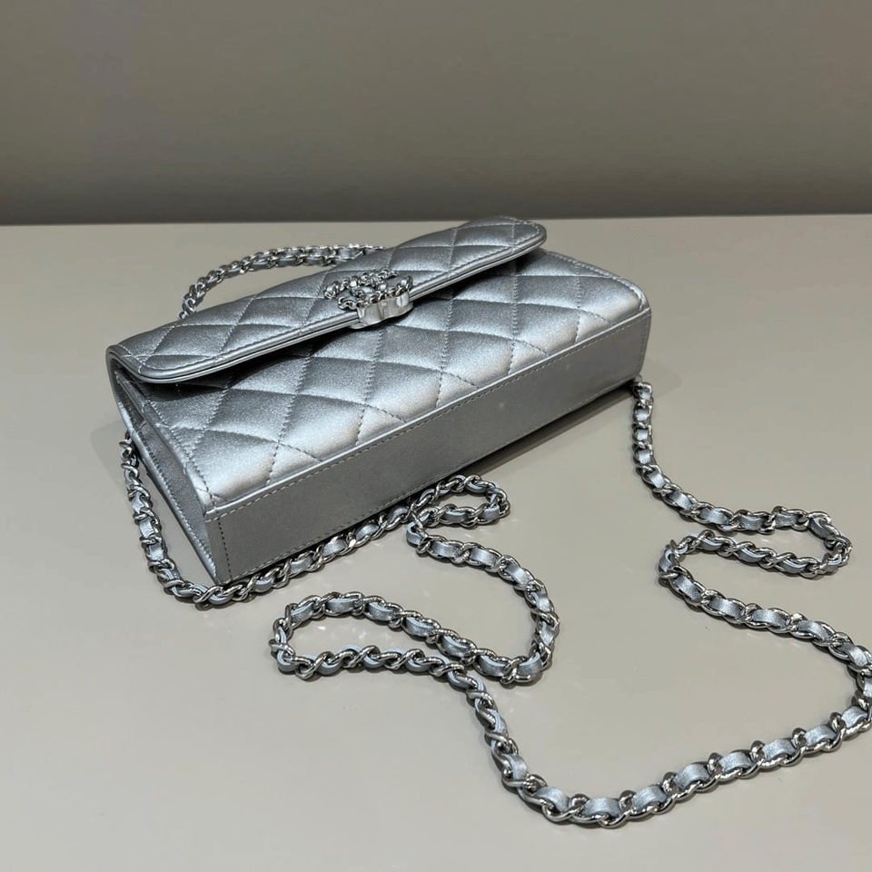 Chanel Lambskin Quilted Chain Top Handle Phone Holder With Chain Silver 18Cm view 5