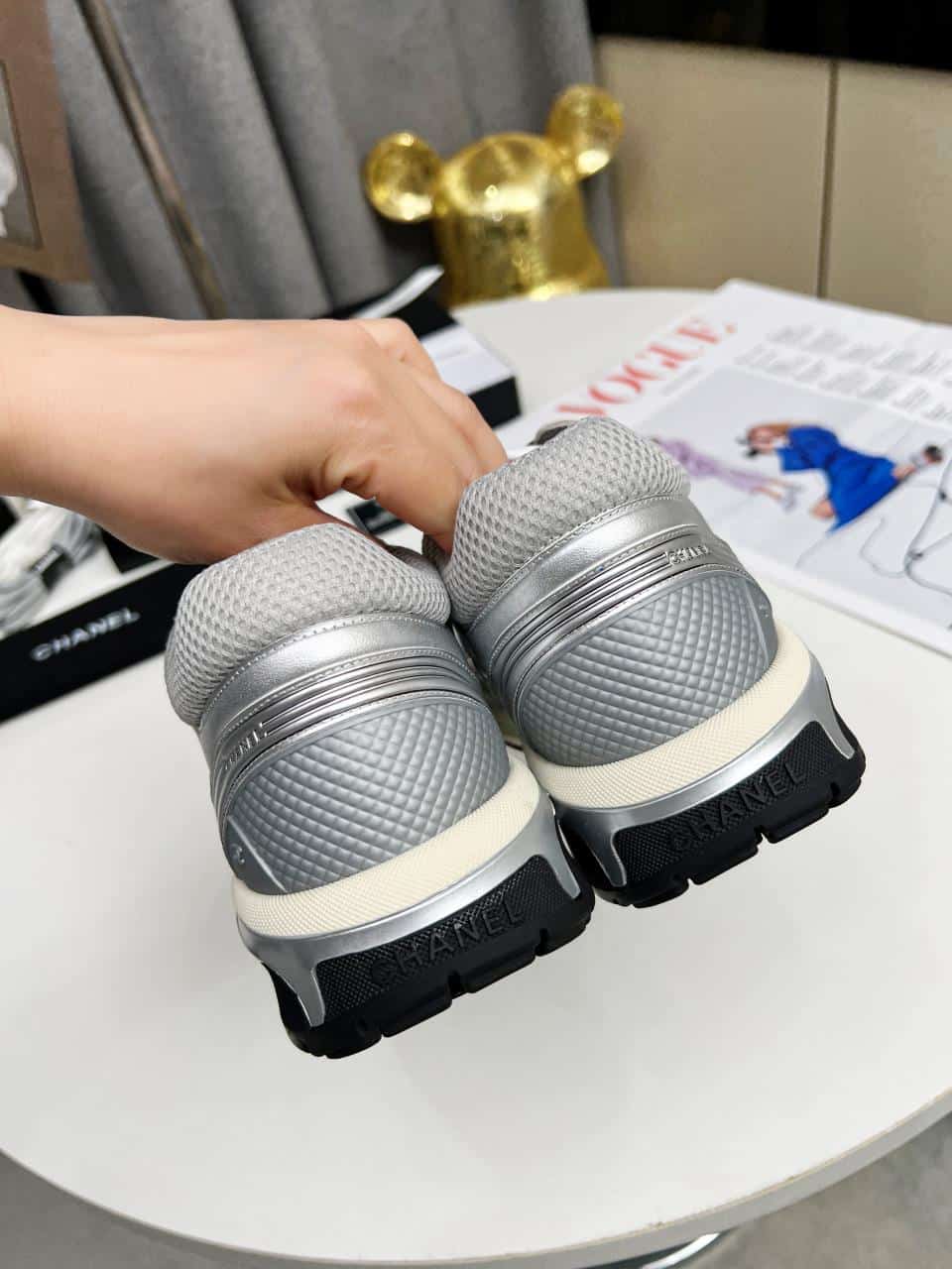 Chanel 23C Silver Metallic Cc Logo Lace Up Flat Runner Trainer Sneaker Gray view 3