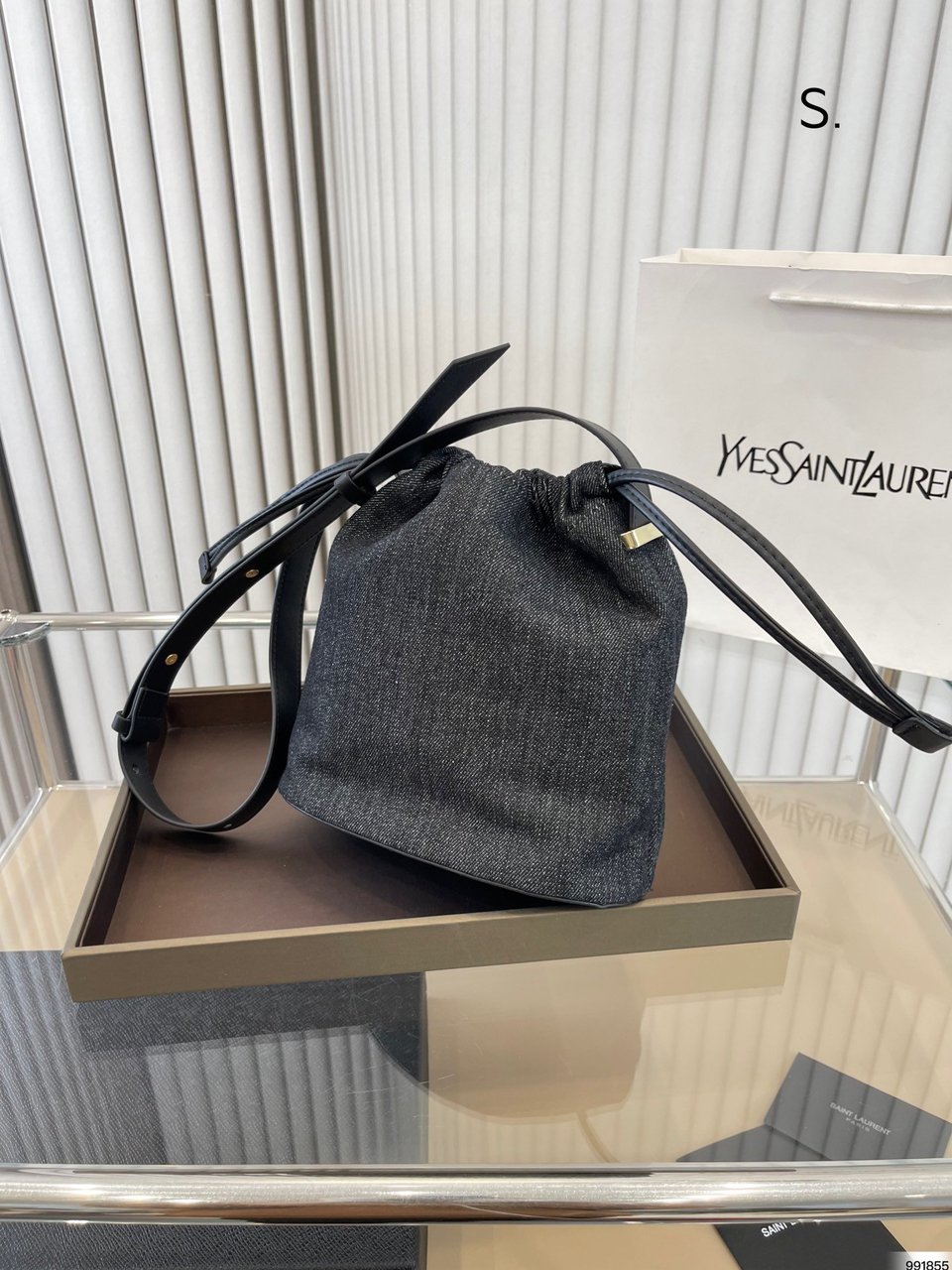 Saint Laurent Rive Gauche Laced Bucket Bag In Embroidered Felt And Smooth Leather Denim Black view 11