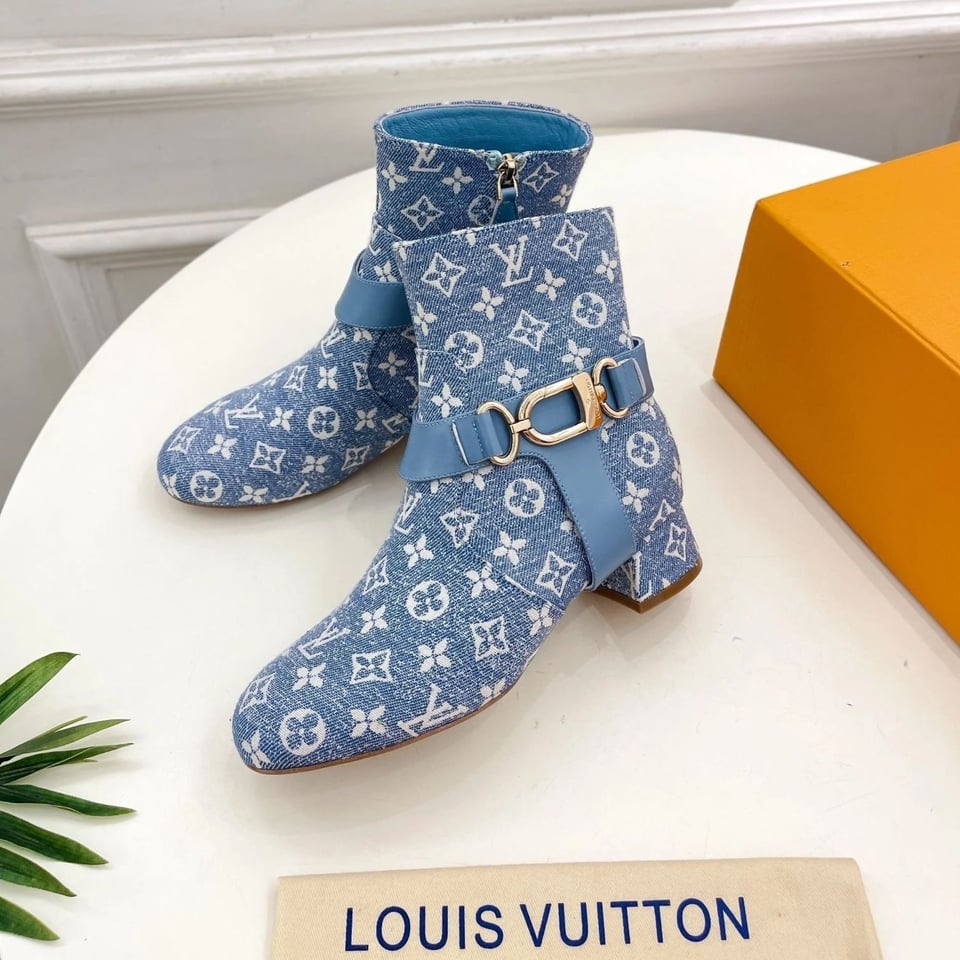 Louis Vuitton Ankle Boots 35mm Light Blue Monogram Jacquard Fabric view 6