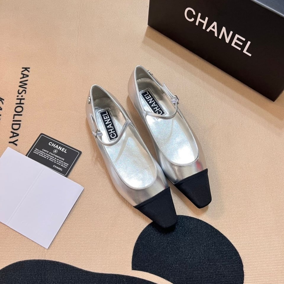 Chanel Square Toe Ballet Flats Black Silver view 11