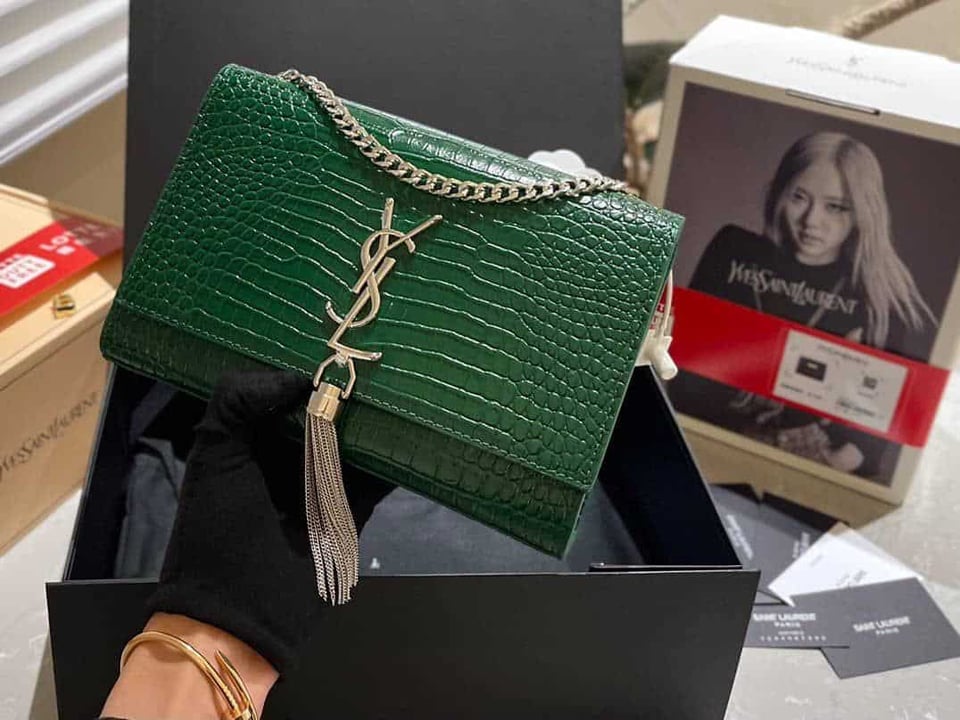 Saint Laurent Kate Tassel Medium Crocodile Embossed Leather With Silver Hardware Green 22Cm view 3