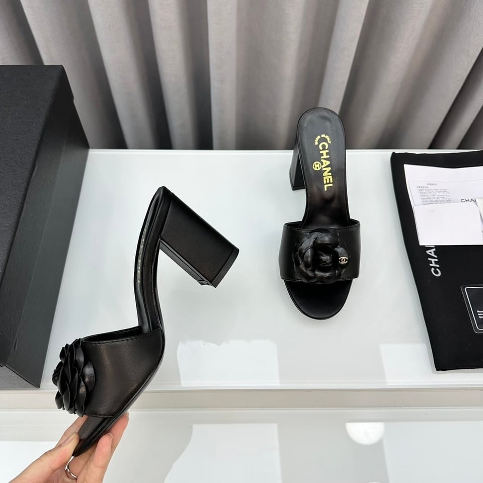 Chanel Camellia Medium Heel Slippers Black view 5
