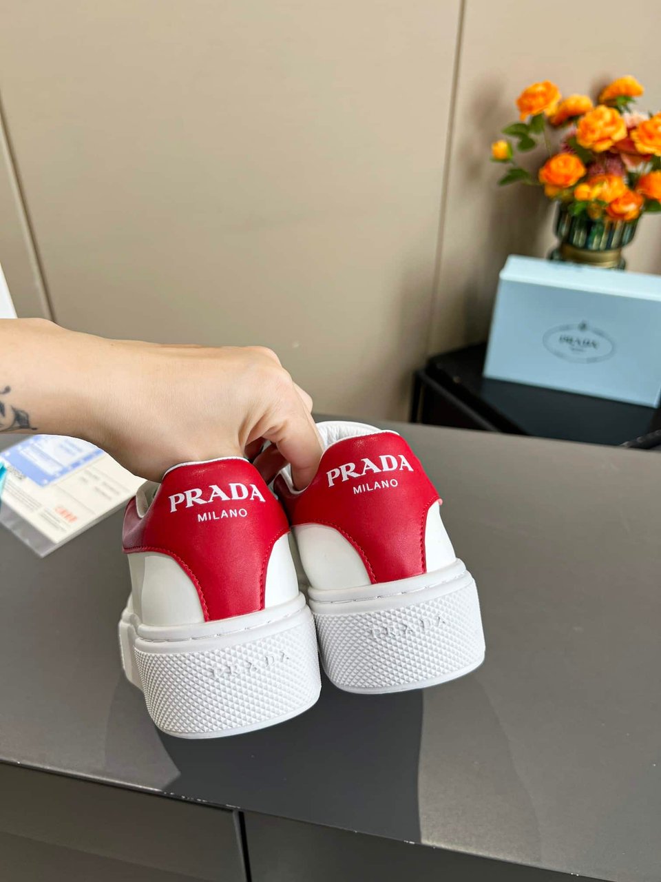 Prada Sneakers In White Leather With Red Logo view 3