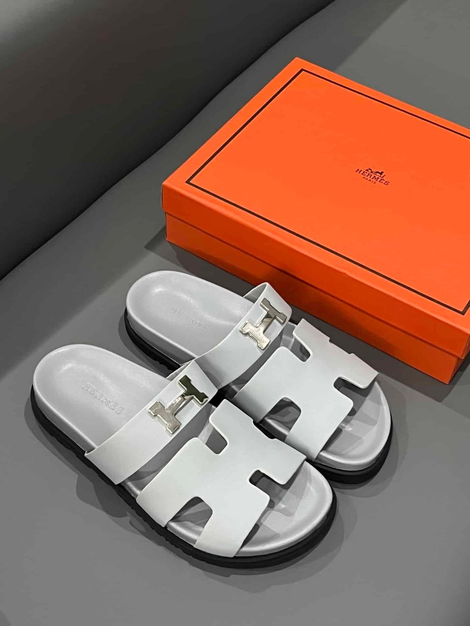 Hermes Chypre Sandal H Logo Silver Hardware Light Grey view 3
