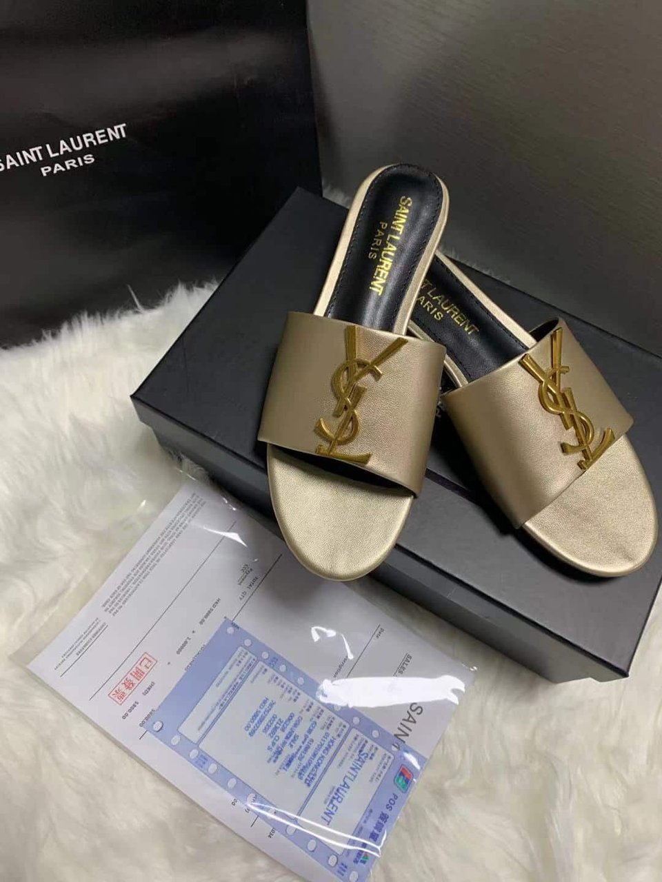 Saint Laurent Logo Slippers Metallic view 7