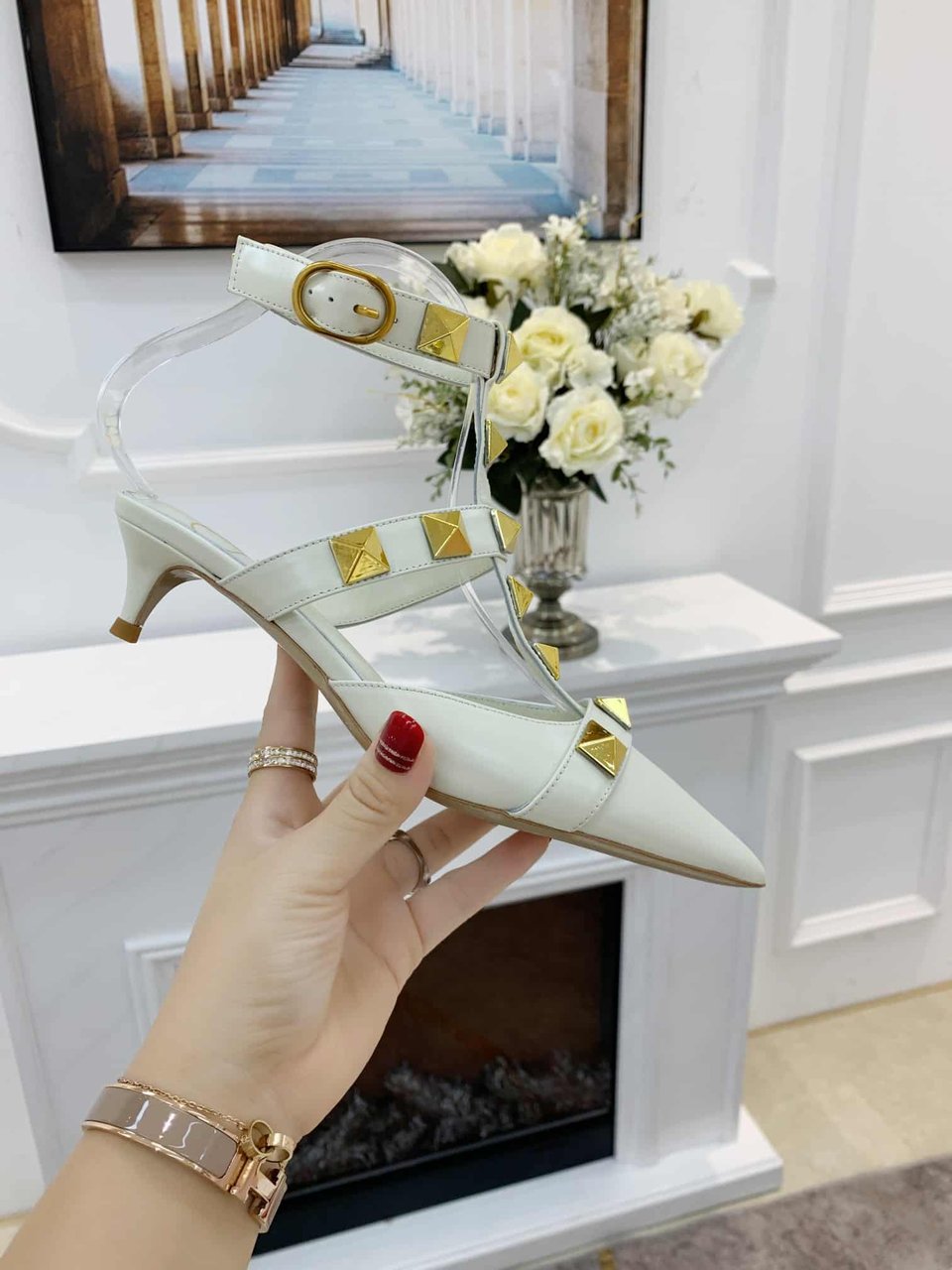 Valentino Garavani Roman Stud Kitten Heel Pumps White view 8