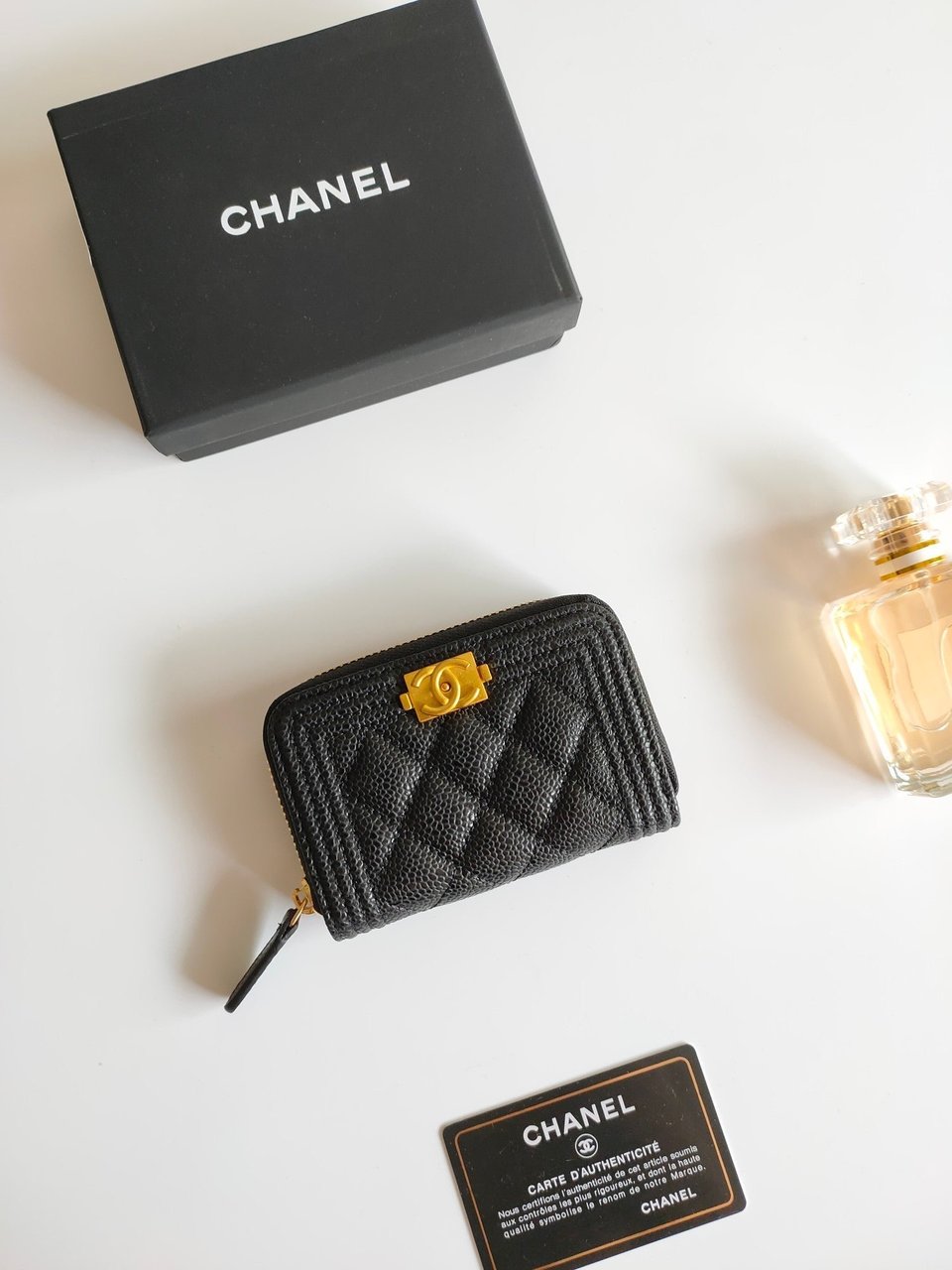 Chanel Boy Zip Coin Purse 11.5 Black Grained Calfskin Gold Icon view 3