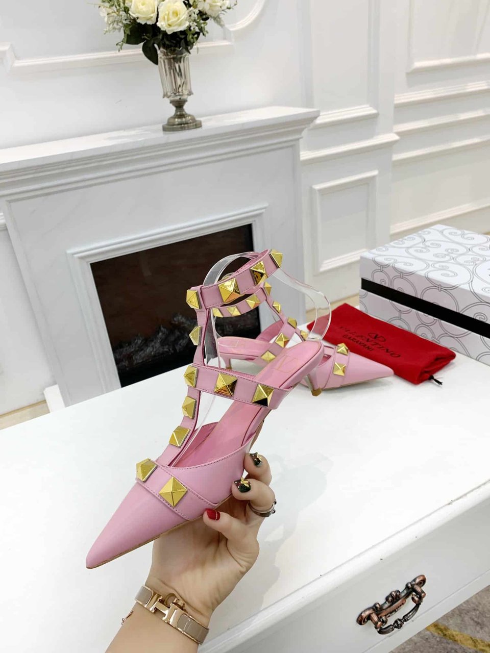 Valentino Garavani Roman Stud Kitten Heel Pumps Pink view 3