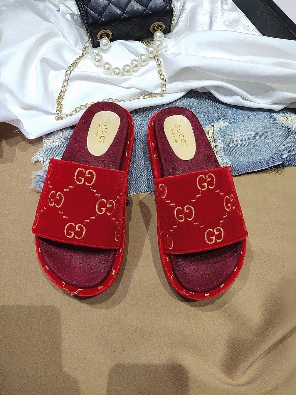 Gucci Women?S With Gg Pattern Slide Sandal Red view 3