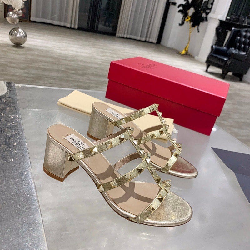 Valentino Garavani Rockstud Caged Metallic Leather Slide Sandals Gold view 7
