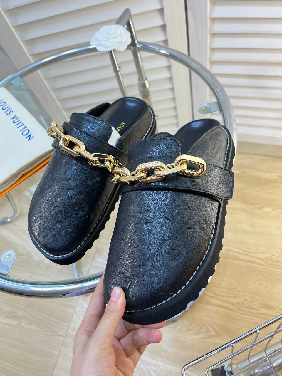 Louis Vuitton Cosy Flat Comfort Clog Monogram Embossed Black Sandals 1AB3OW view 2