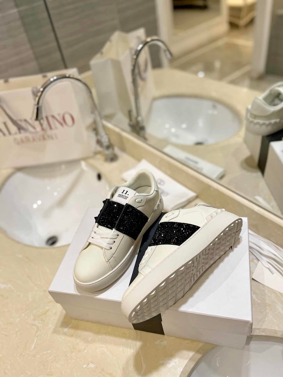 Valentino Garavani Rockstud Untitled Crystal Embellished Leather Sneakers Black view 8