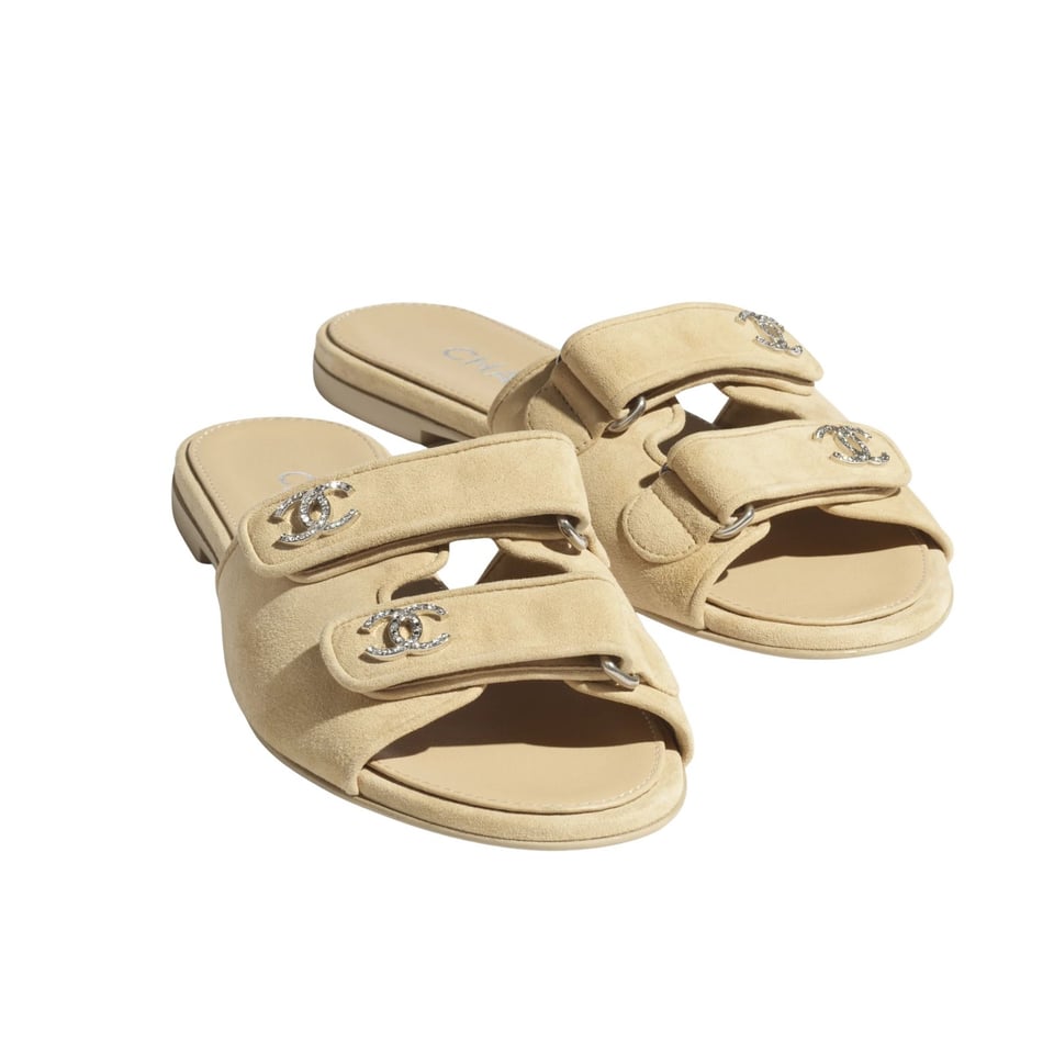 Chanel Suede Calfskin Crystal CC Double Strap Mules Beige Suede G38689