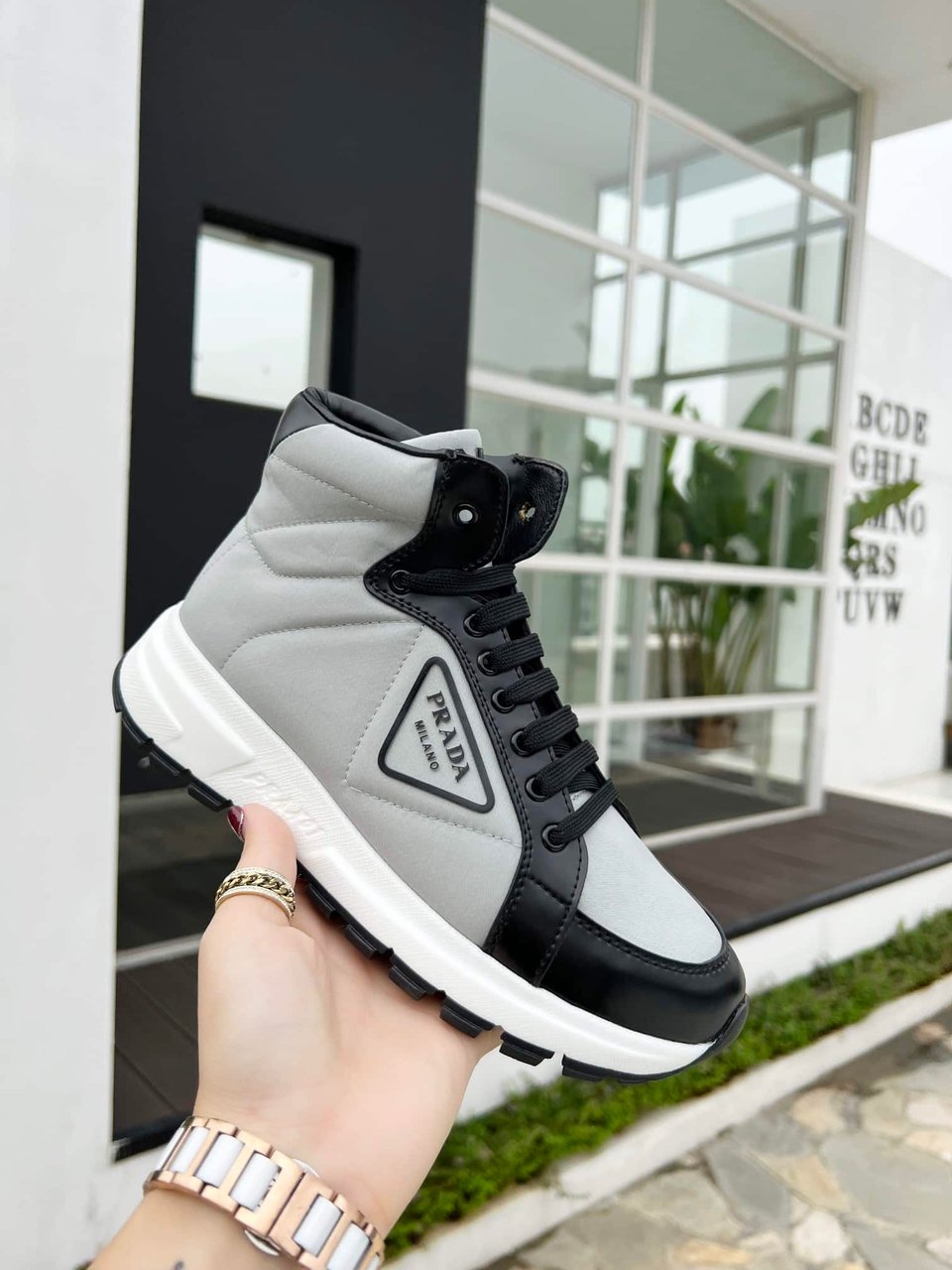Prada Prax 01 Re Nylon And Brushed Leather Sneakers Grey view 7