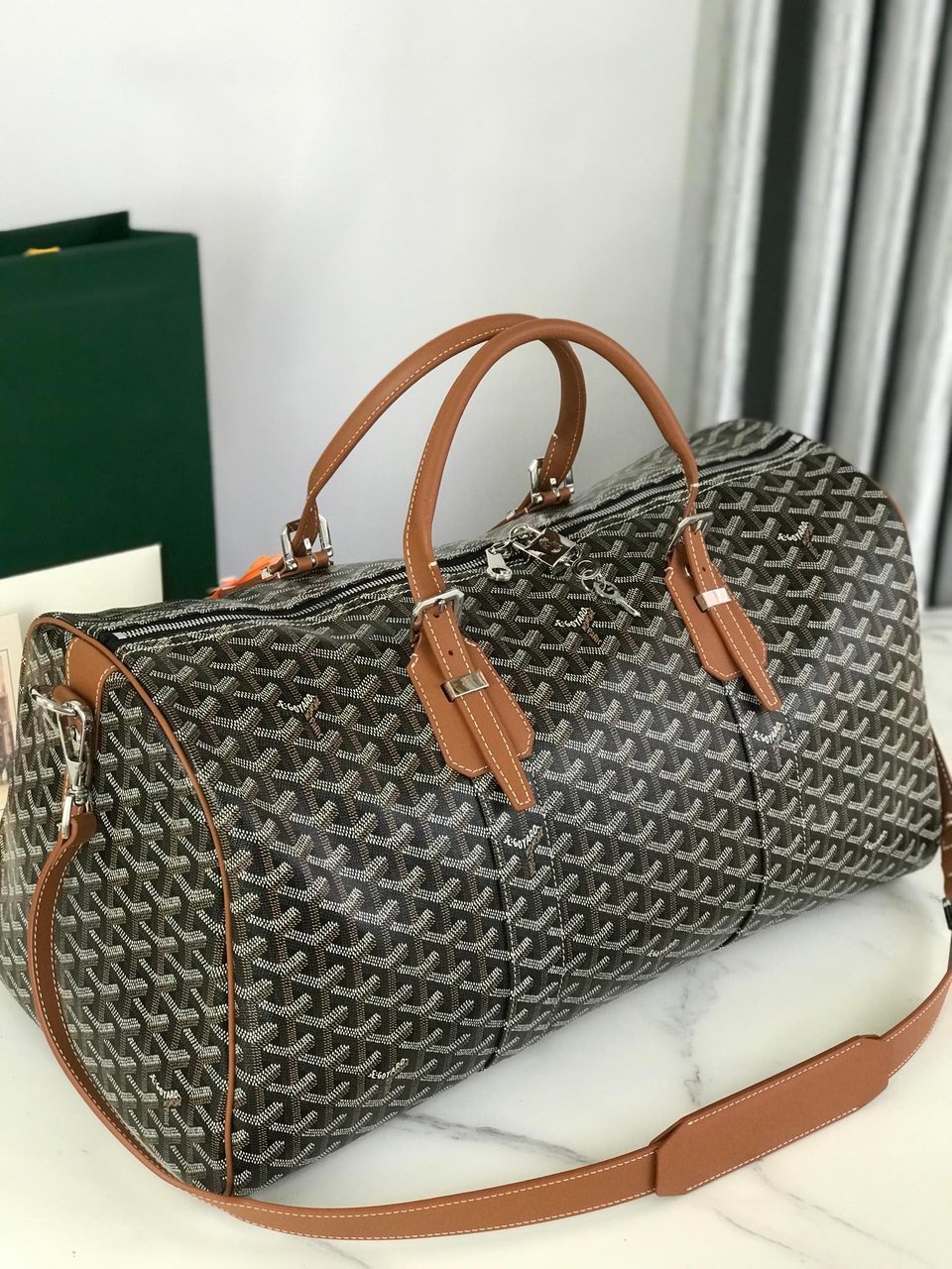 Goyard Boston 50 Bag Cm Black Goyardine Canvas And Tan Calfskin Trim view 7