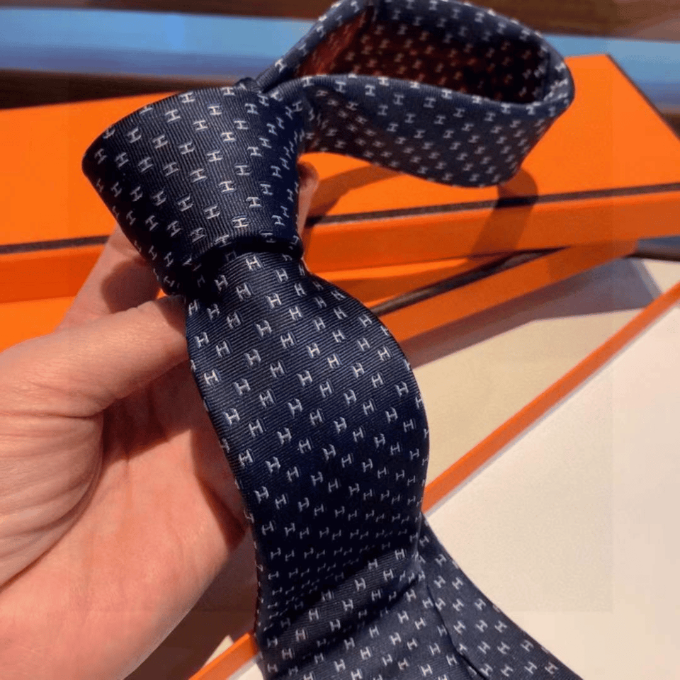 Hermes Navy Blue Mini H Pattern Canvas Tie For Men view 3