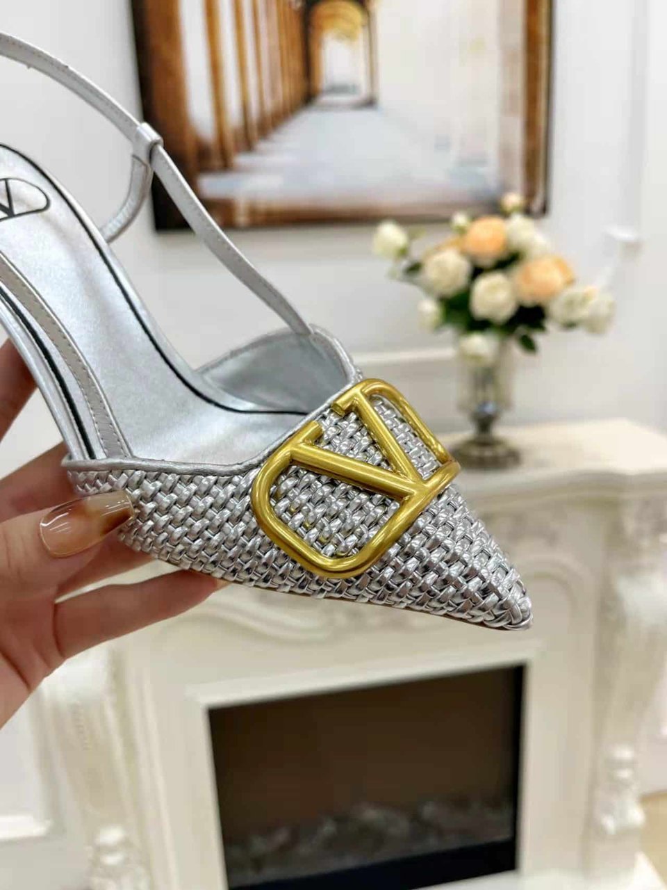 Valentino Garavani Vlogo Woven Leather Slingback Pumps Silver view 9