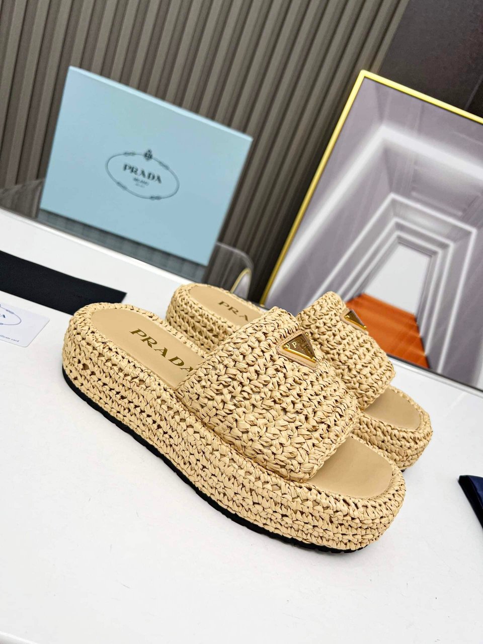 Prada Natural Crochet Platform Slides view 3
