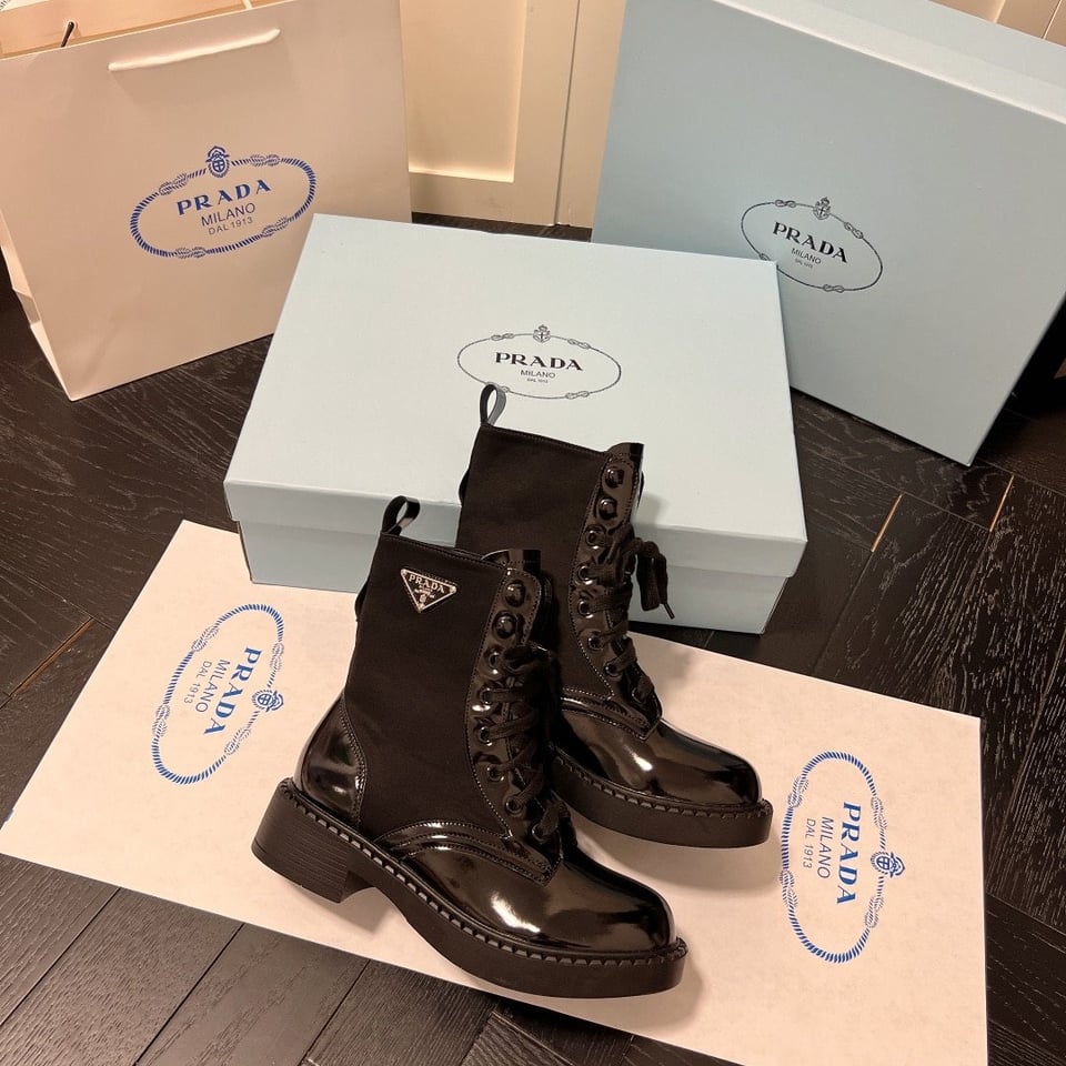 Prada Brushed-Leather And Re-Nylon Boots Shiny Black view 3
