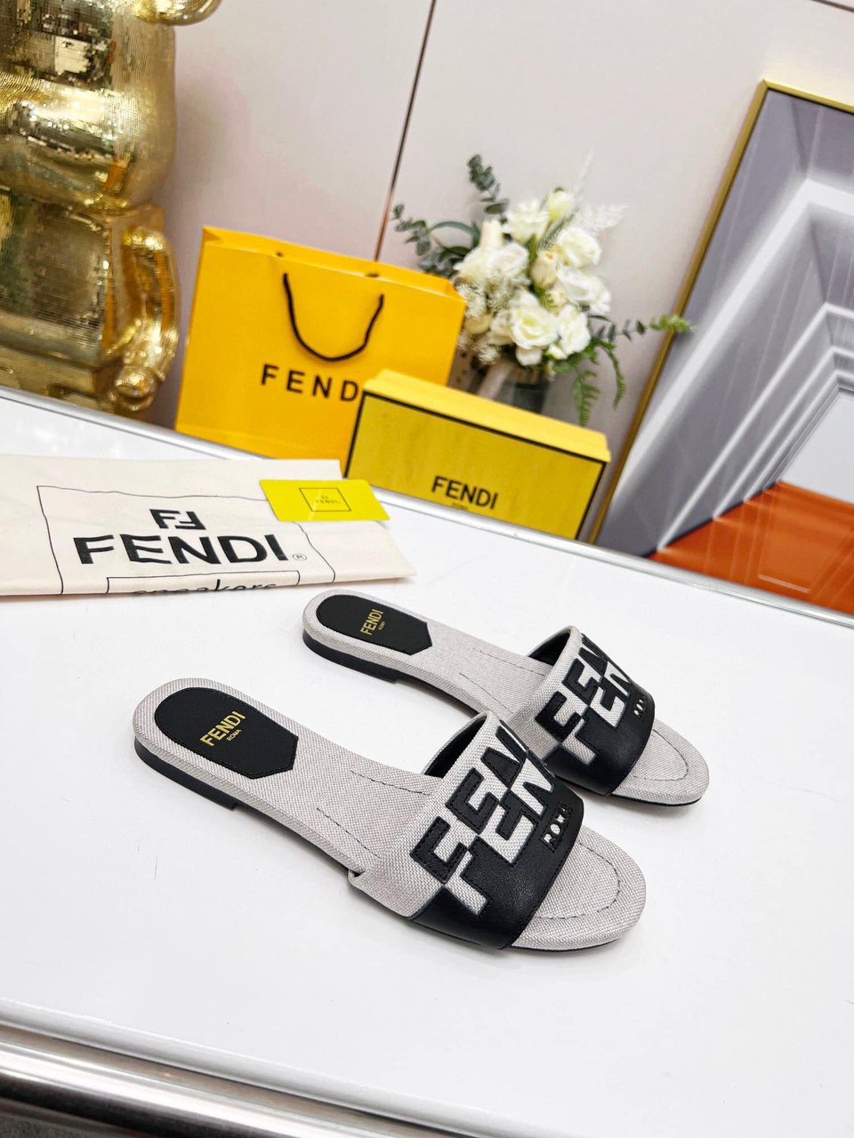 Fendi Signature Canvas Leather Slides Black 8R8337Ajzuf0Wzm view 3