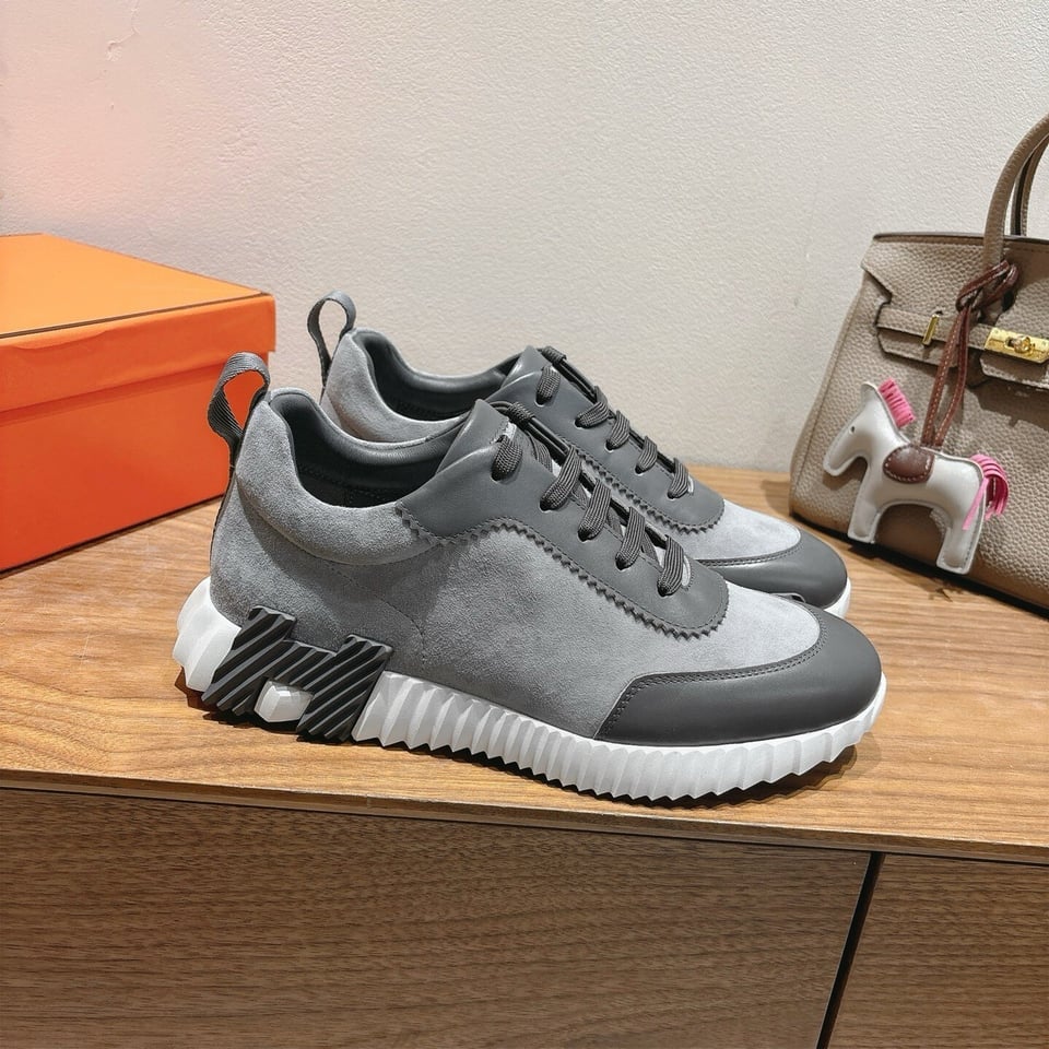 Hermes Bounce Sneakers In Suede And Calfskin Grey- Shoes for Men view 8