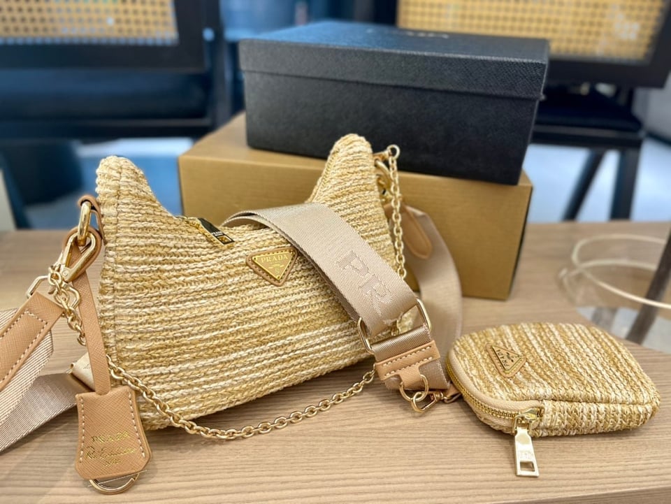 Prada Re-Edition 2005 Raffia Bag Tan view 6