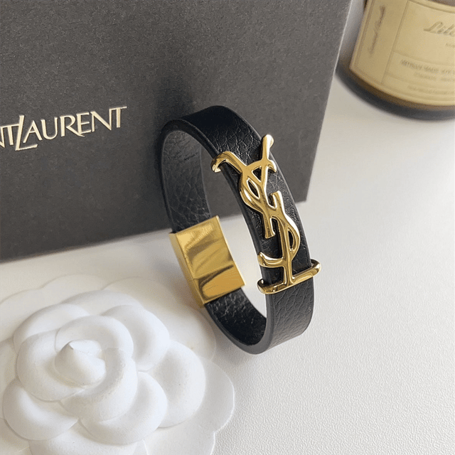 Saint Laurent Ysl Opyum Leather Bracelet Black