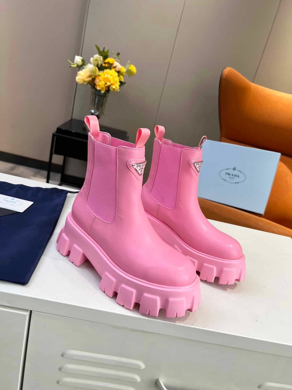 Prada Monolith Brushed Leather Booties Pink view 9