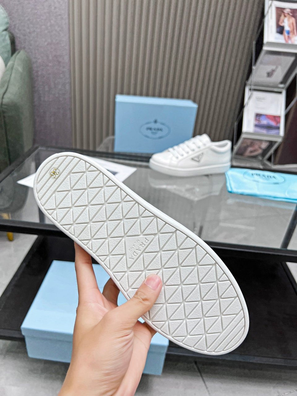 Prada Logo Sneakers In Brushed Leather White view 5