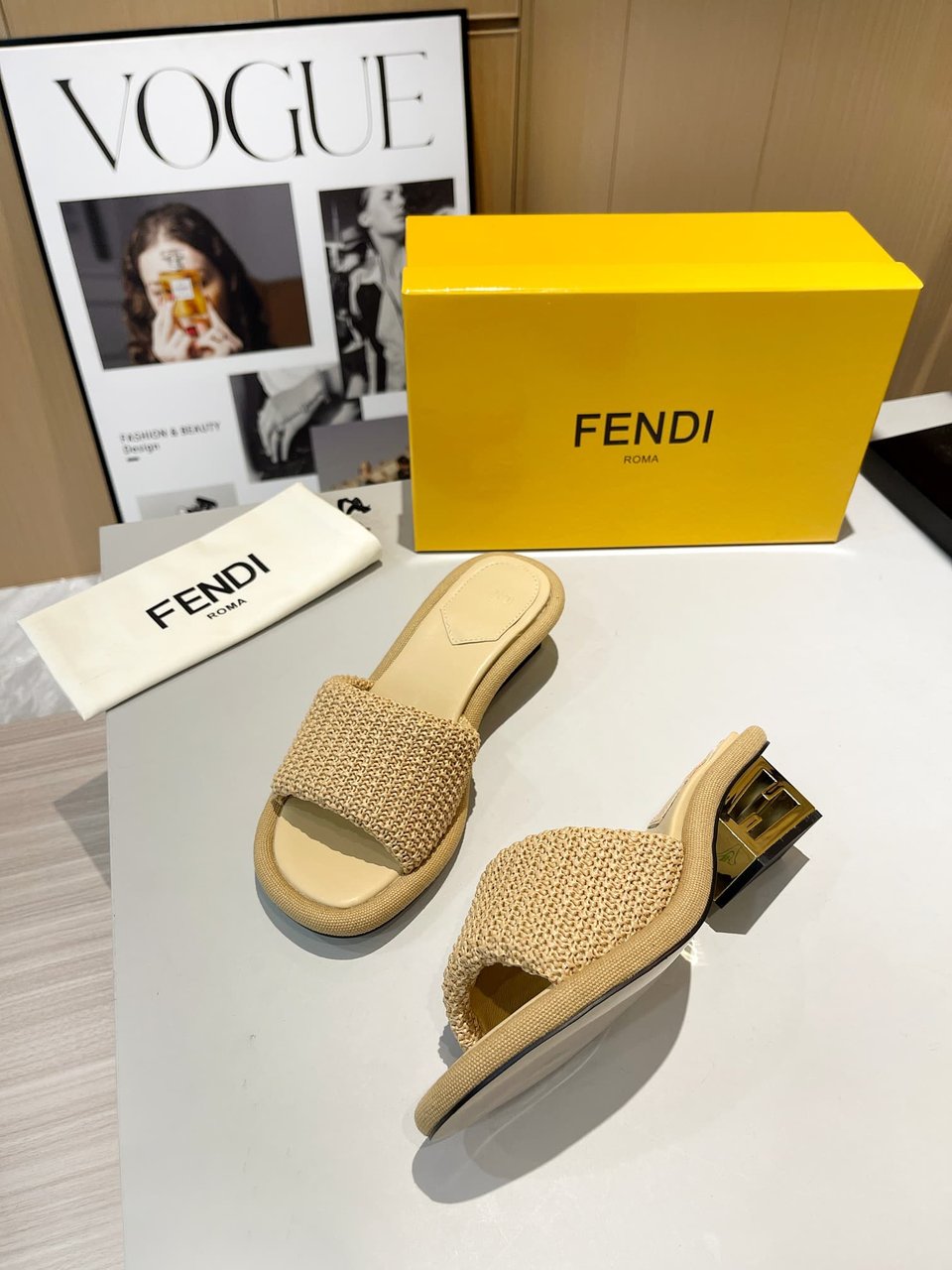 Fendi Baguette Raffia Slide Sandal Natural Neutral view 8