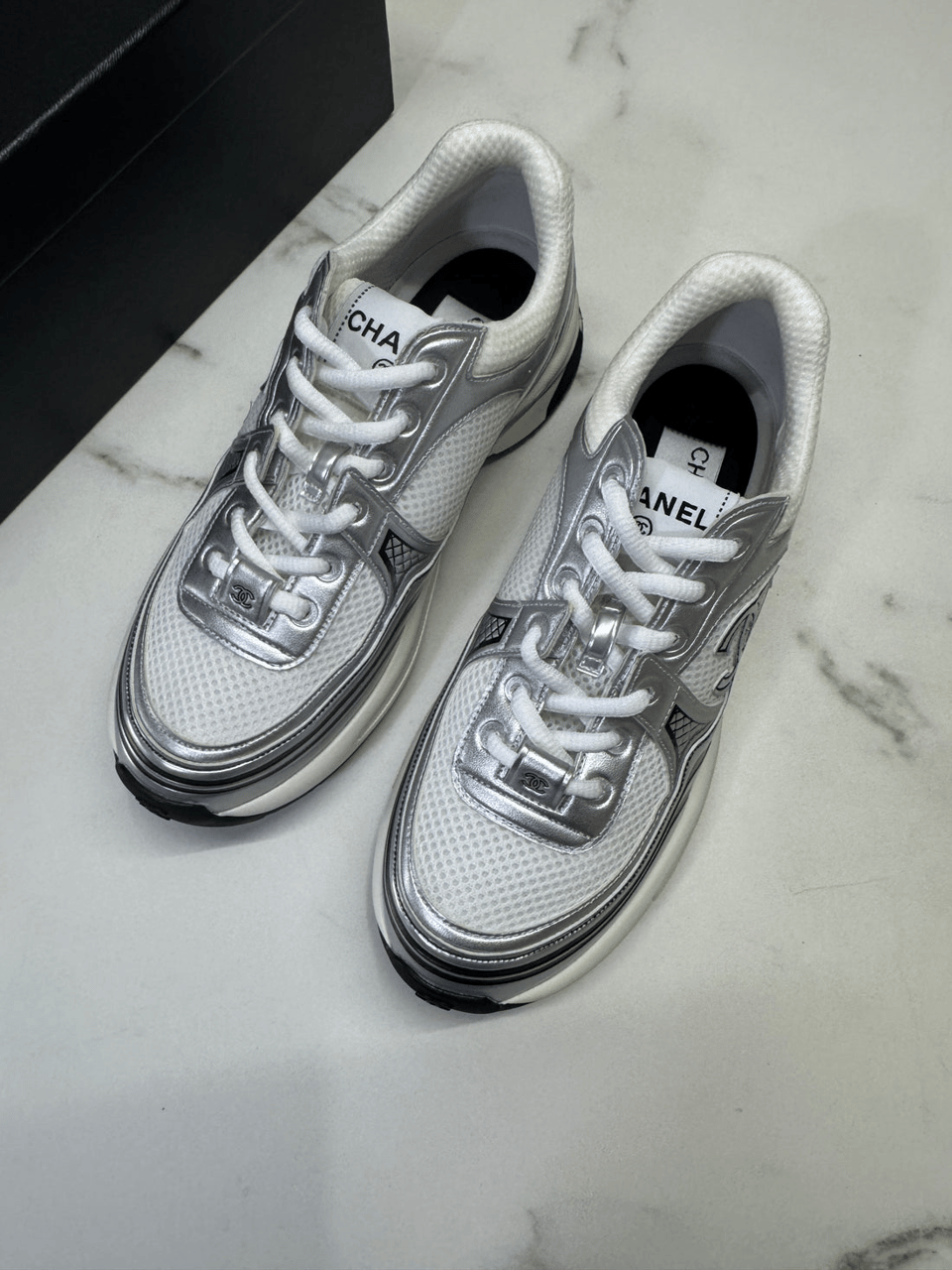 Chanel CC Logo Metallic Mesh Sneakers White/Silver view 5