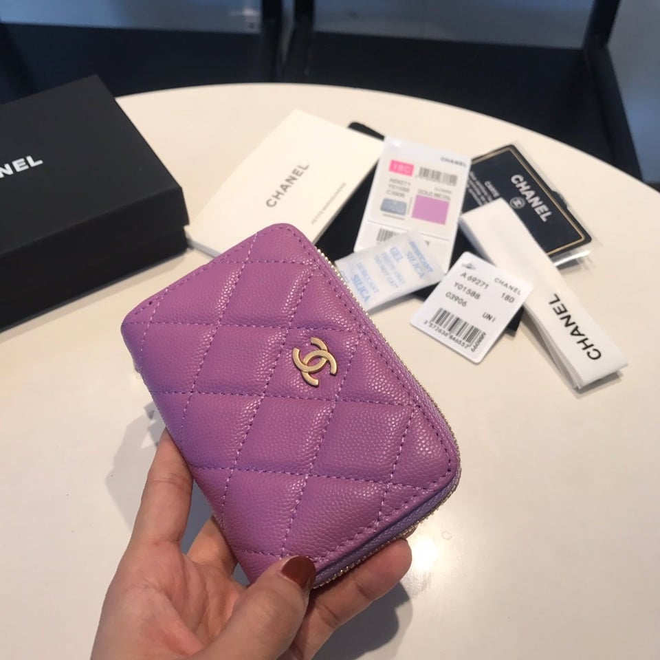 Chanel Zipped Coin Basic Purse 11 Purple Calfskin Gold Icon view 3