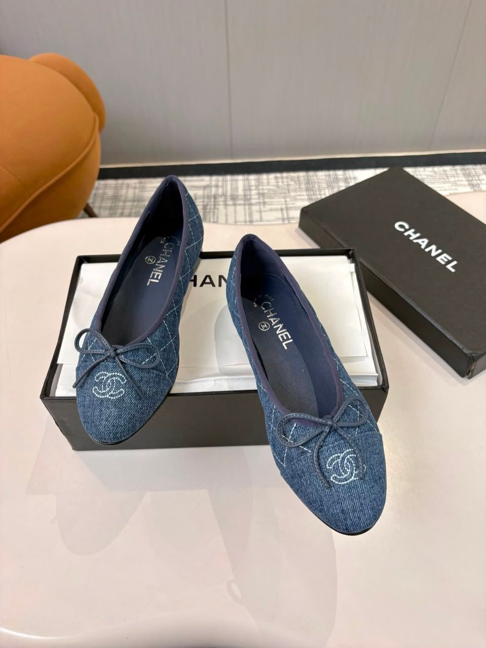 Chanel Quilted Denim Ballerina Flats Blue Denim G02819 view 6