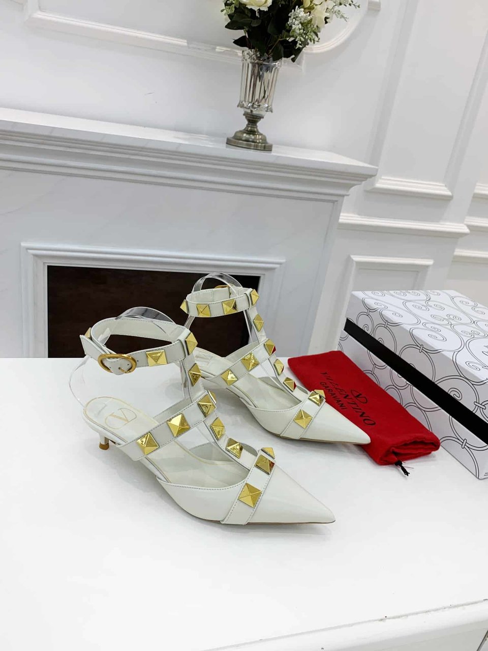 Valentino Garavani Roman Stud Kitten Heel Pumps White view 10
