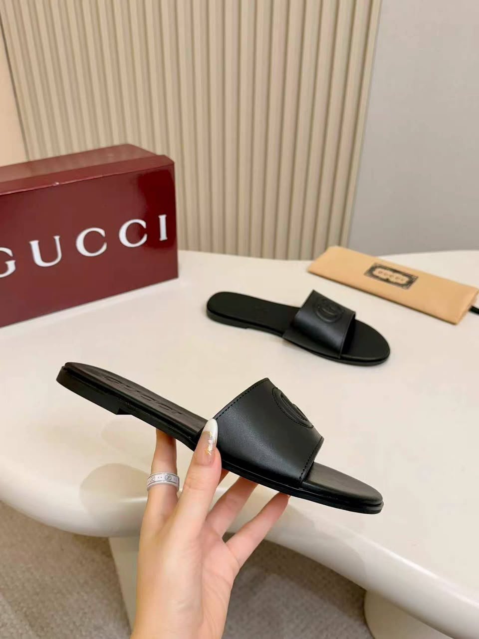 Gucci Slide Sandal With Double G Black Leather ‎874910 AAGT4 1000 For Women view 6