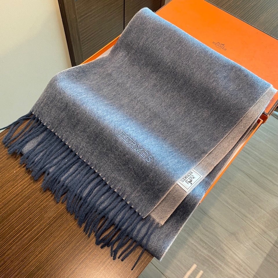 Hermes Cashmere Scarf Colorblock Blue Gray For Women 180cm view 4