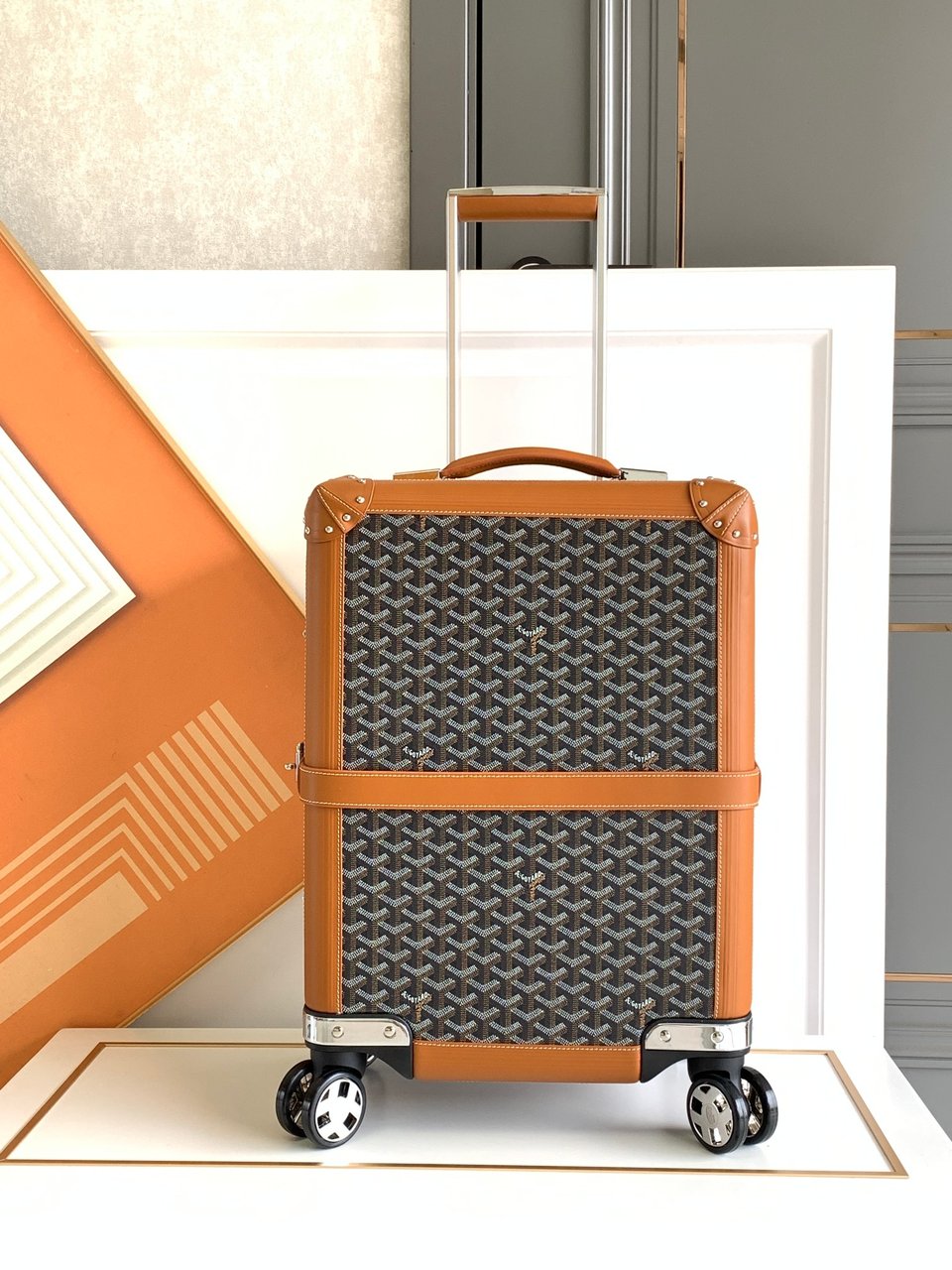 Goyard 50cm Goyardine Canvas &amp; Clamecy Cowhide Bourget PM Trolley Case Black &amp; Tan view 3