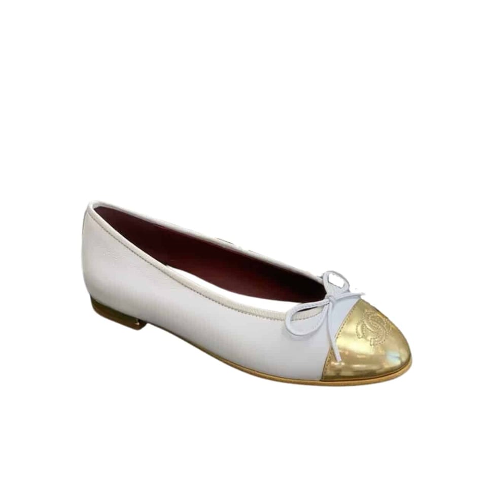 Chanel Leather Cap Toe Ballet Flats White Gold view 2