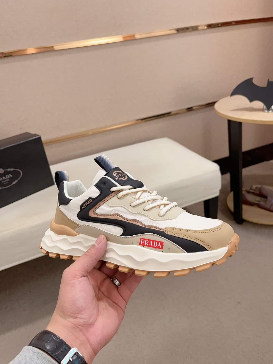 Prada Colorblock Sneakers With Logo Beige view 4