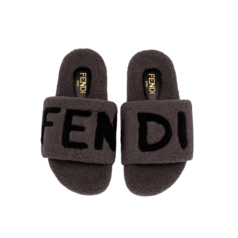 Fendi Fleece Black Text Slippers Grey view 2